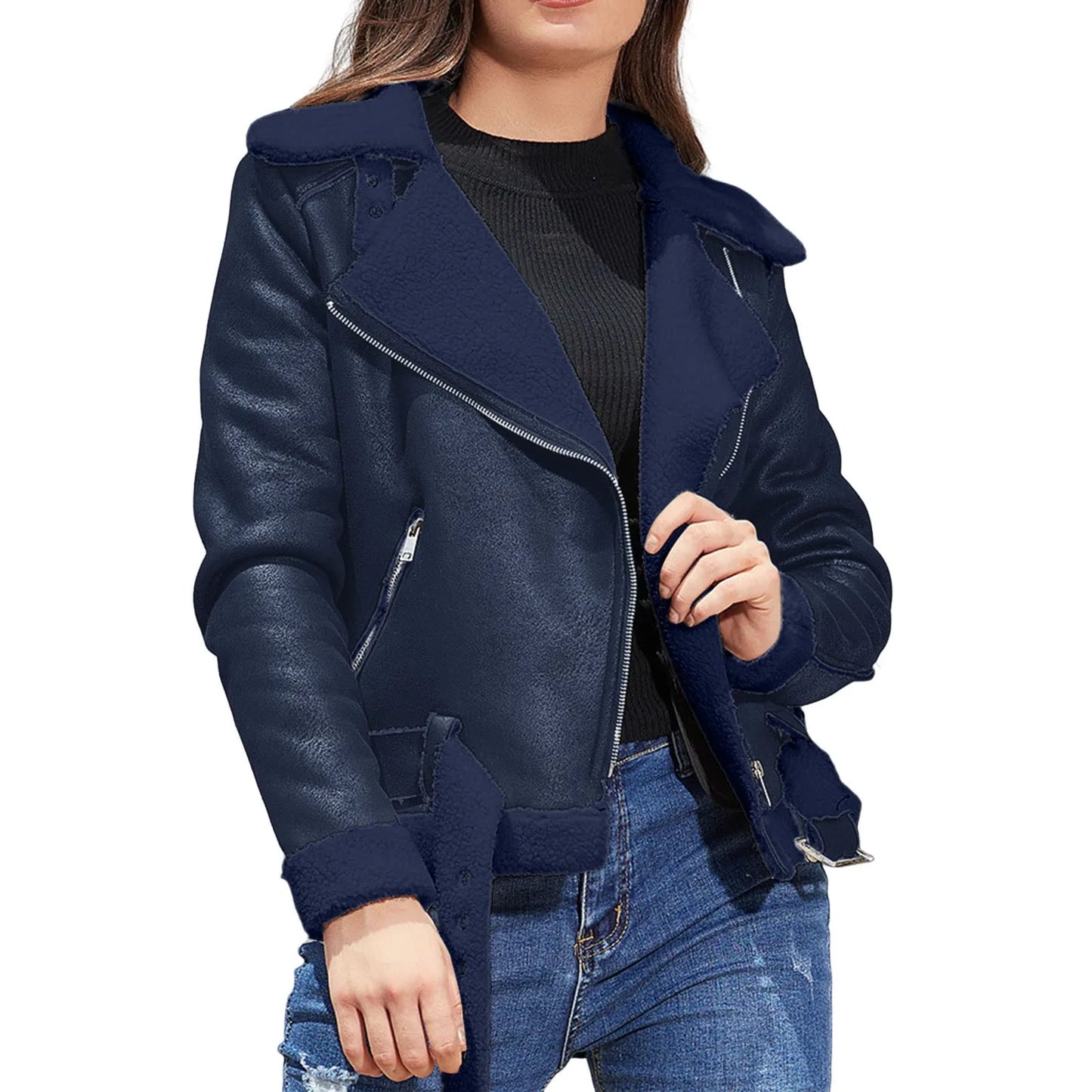 Winter Women Coat Thick Warm Suede Lamb Jacket Short Motorcycle Coats Faux Shearling Sheepskin Leather Jackets Chic Outwear