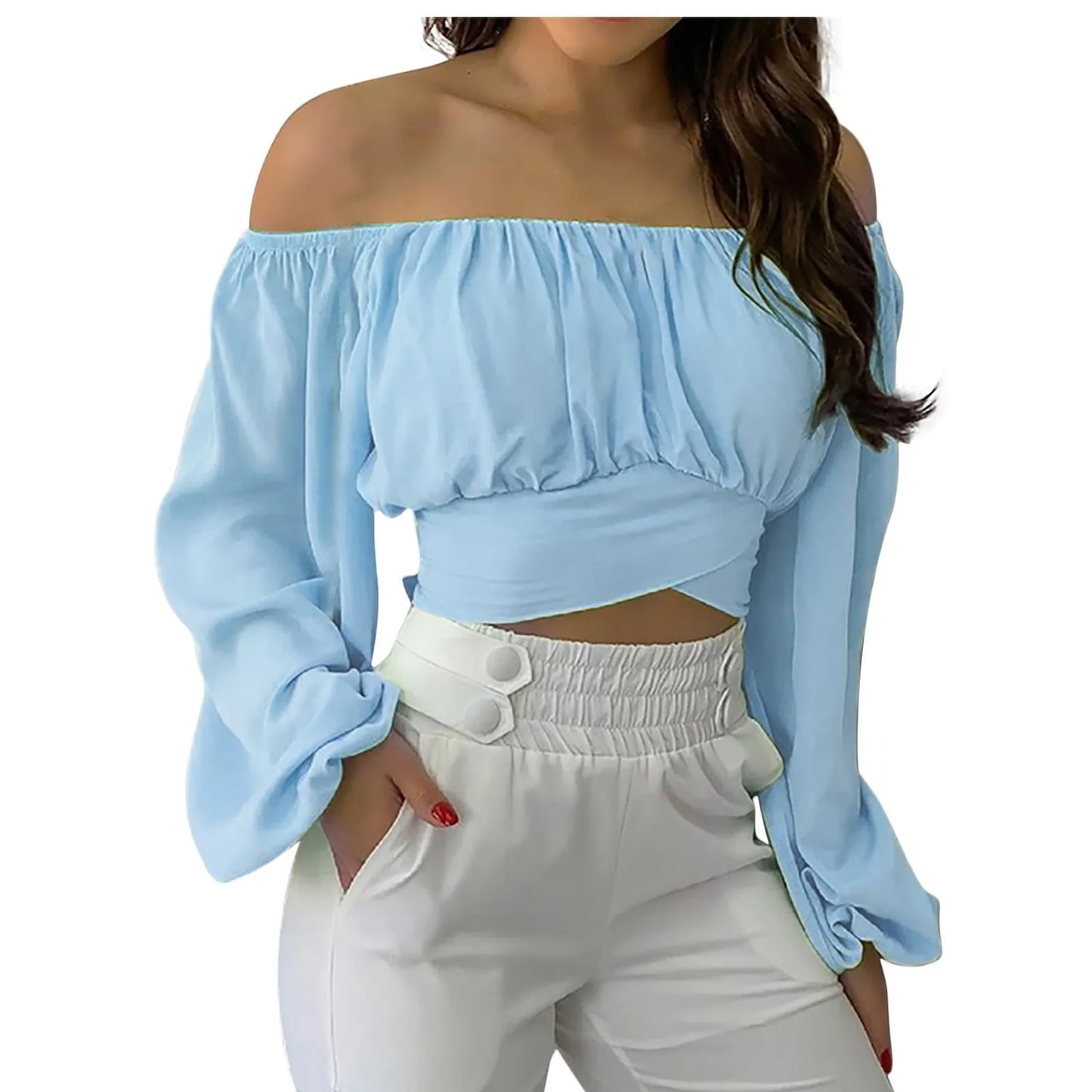 Women Sexy Off Shoulder Printing Blouses Chic and Elegant Lantern Long Sleeve Lace Up Bow Cropped Tops Casual Slim Shirts