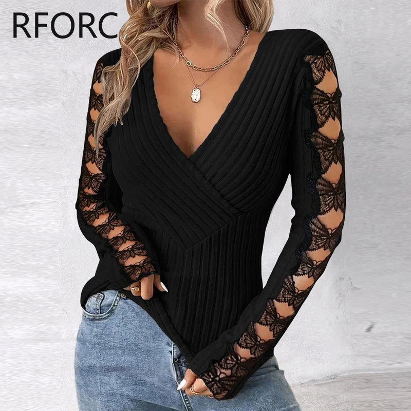Women Deep V Neck Wrap Lace Bow Hollow Out  Knitting Basic Black Blouse Top