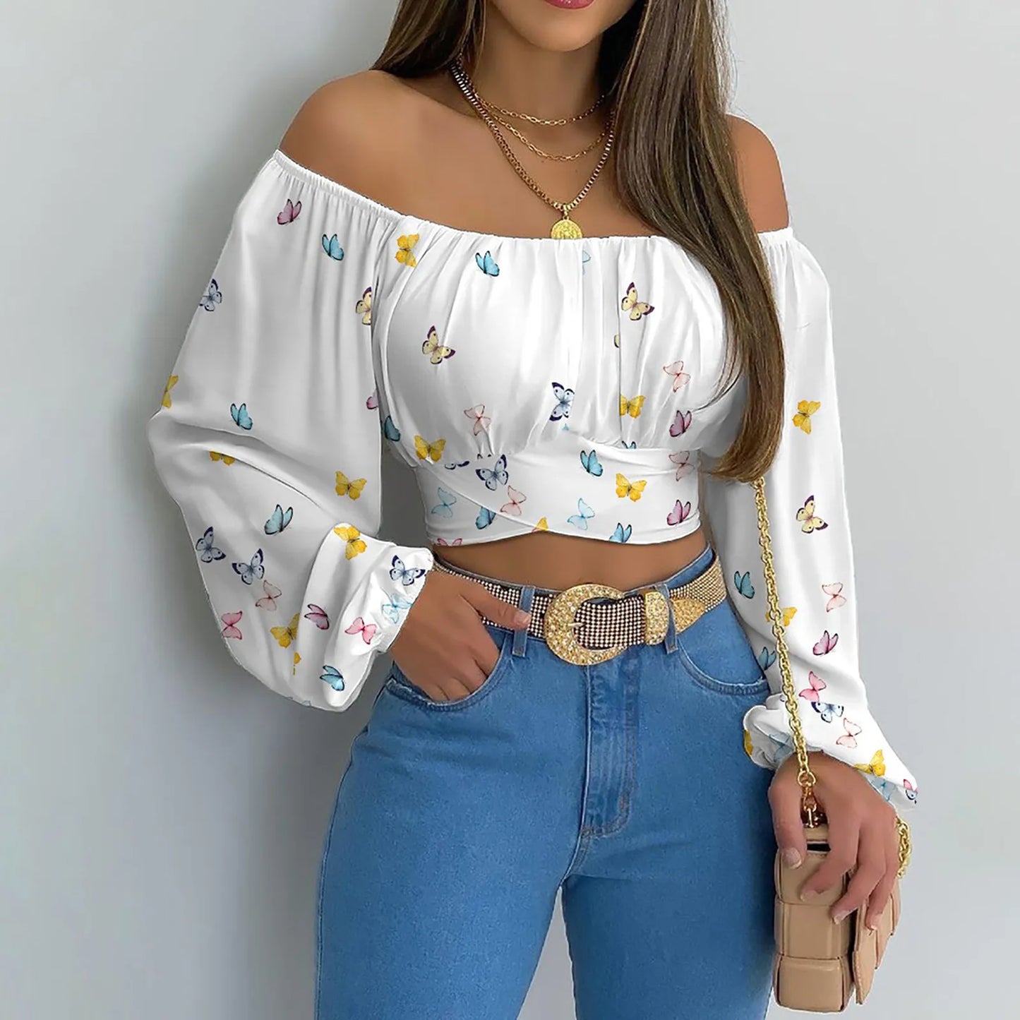 Women Sexy Off Shoulder Printing Blouses Chic and Elegant Lantern Long Sleeve Lace Up Bow Cropped Tops Casual Slim Shirts