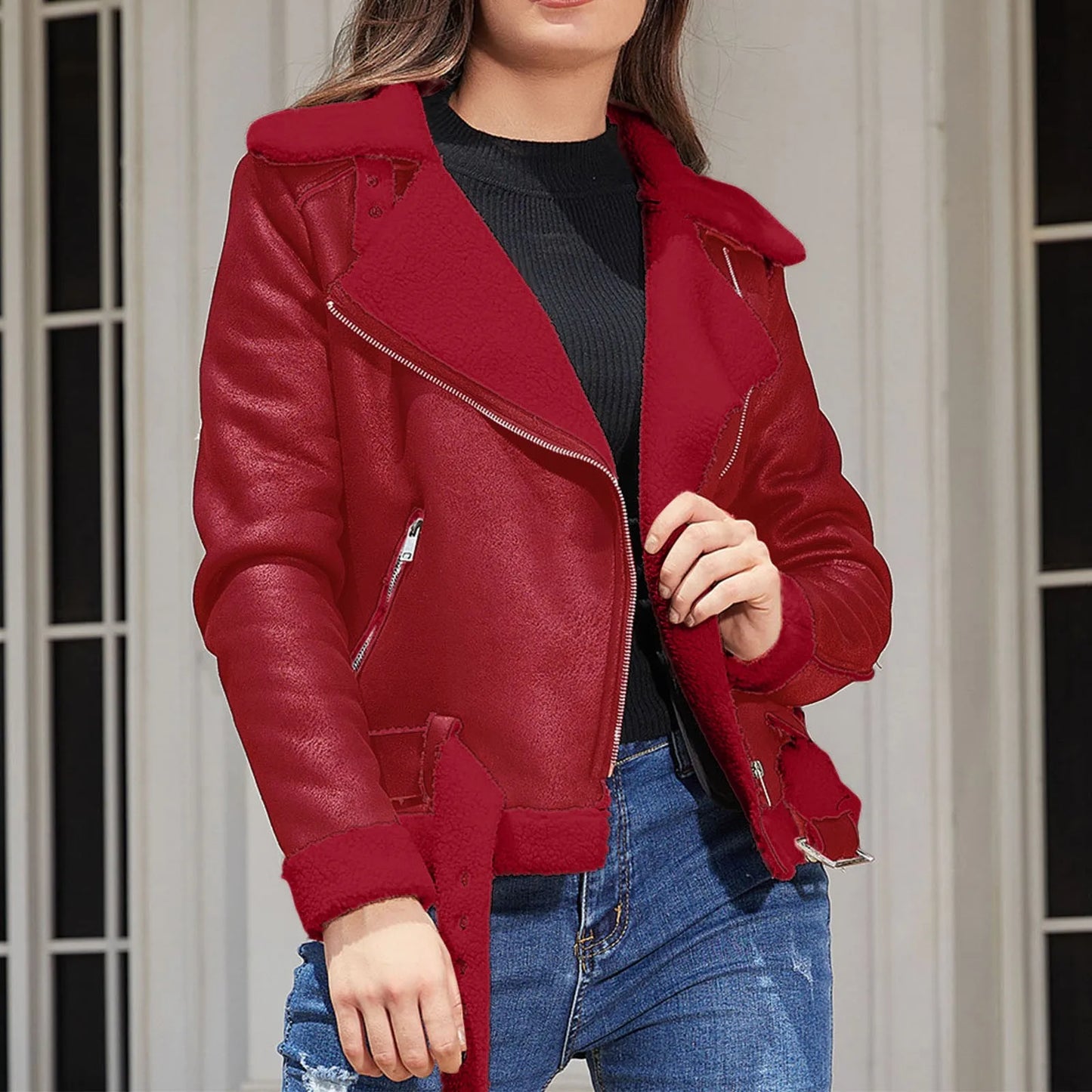 Winter Women Coat Thick Warm Suede Lamb Jacket Short Motorcycle Coats Faux Shearling Sheepskin Leather Jackets Chic Outwear