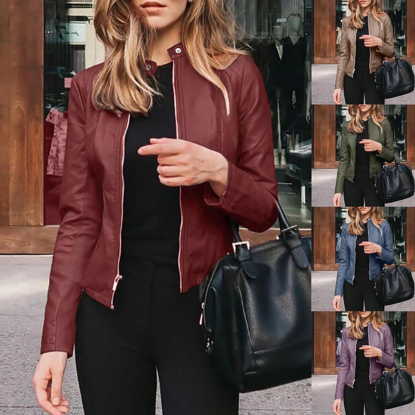 US Leather Jacket Women Fashion Casual Solid Full Zip Snap Stand Collar Long Sleeve Short Cardigan Women Zip up Jacket Fleece