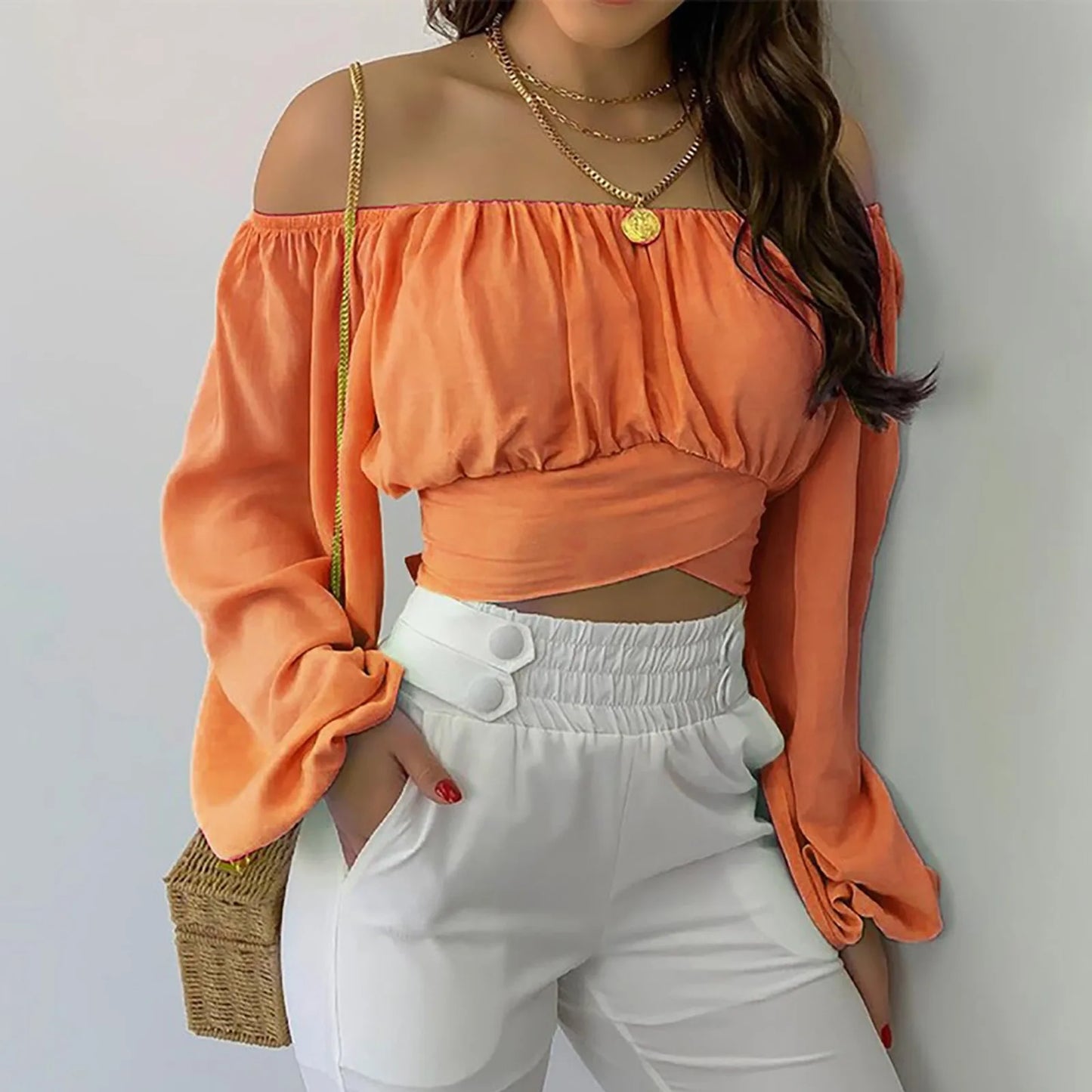 Women Sexy Off Shoulder Printing Blouses Chic and Elegant Lantern Long Sleeve Lace Up Bow Cropped Tops Casual Slim Shirts