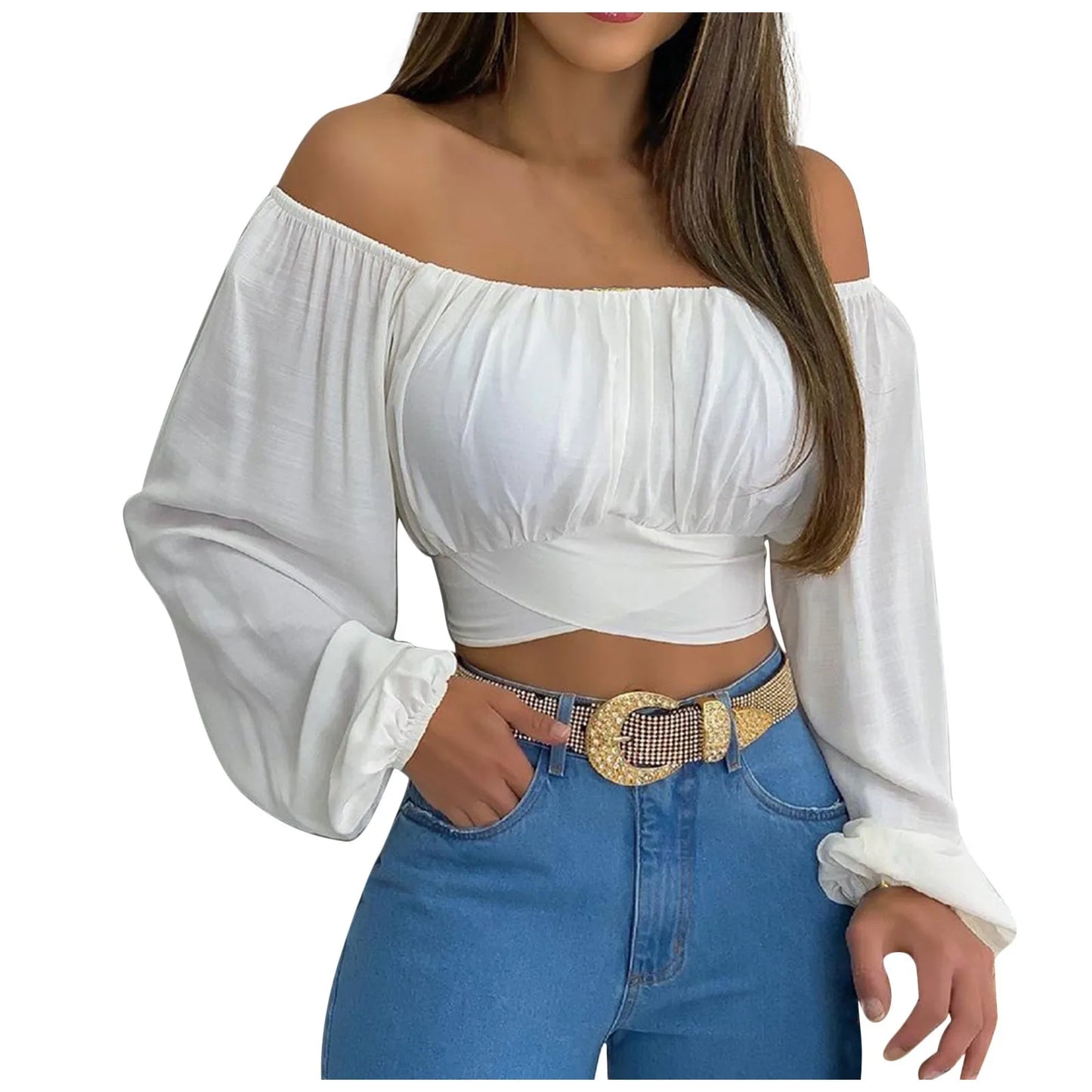 Women Sexy Off Shoulder Printing Blouses Chic and Elegant Lantern Long Sleeve Lace Up Bow Cropped Tops Casual Slim Shirts