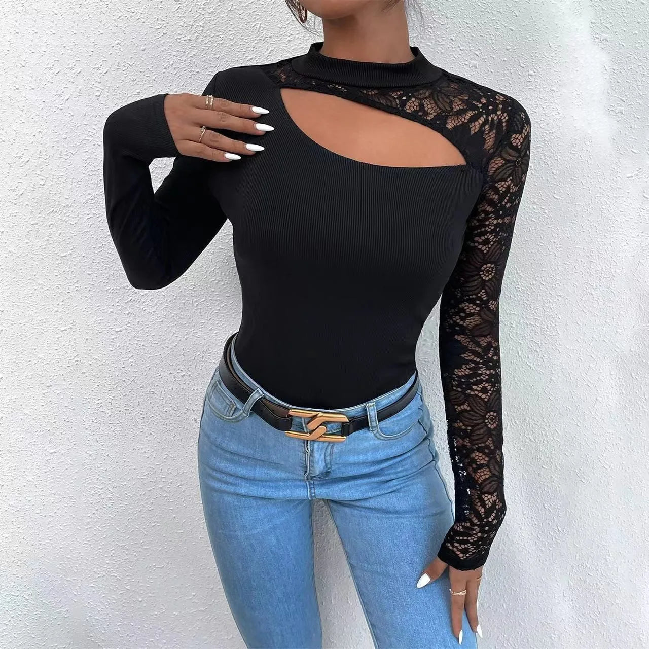 Women's Shirts Spring Fall Sexy Off Shoulder Lace Irregular Long Sleeve Black Tops O-neck Ladies Elegant Blouse T-shirt