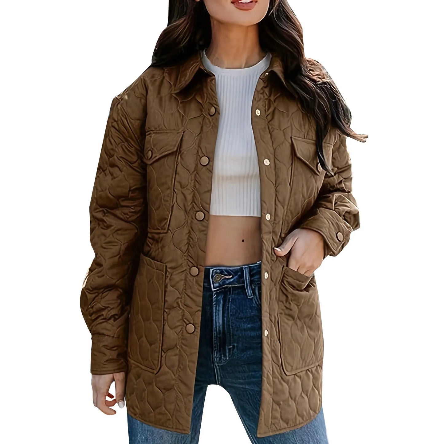 Winter Coat Quilted Jackets For Women Lightweight Long Sleeve Single Breasted Button Down Jacket Warm Outerwear With Pockets