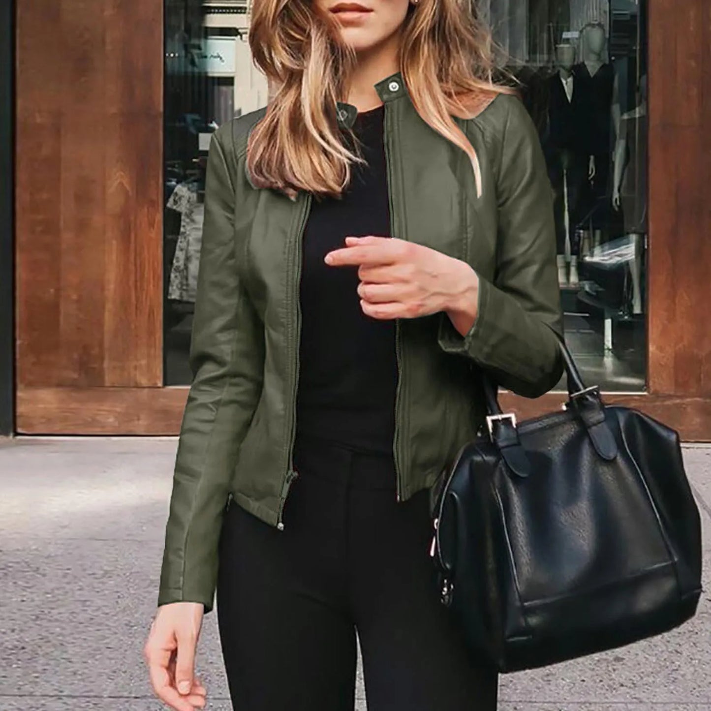 US Leather Jacket Women Fashion Casual Solid Full Zip Snap Stand Collar Long Sleeve Short Cardigan Women Zip up Jacket Fleece