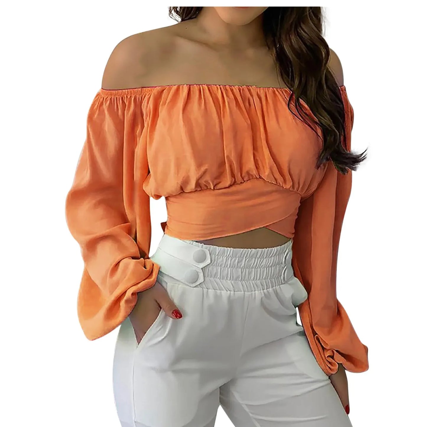 Women Sexy Off Shoulder Printing Blouses Chic and Elegant Lantern Long Sleeve Lace Up Bow Cropped Tops Casual Slim Shirts