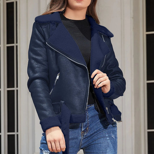 Winter Women Coat Thick Warm Suede Lamb Jacket Short Motorcycle Coats Faux Shearling Sheepskin Leather Jackets Chic Outwear