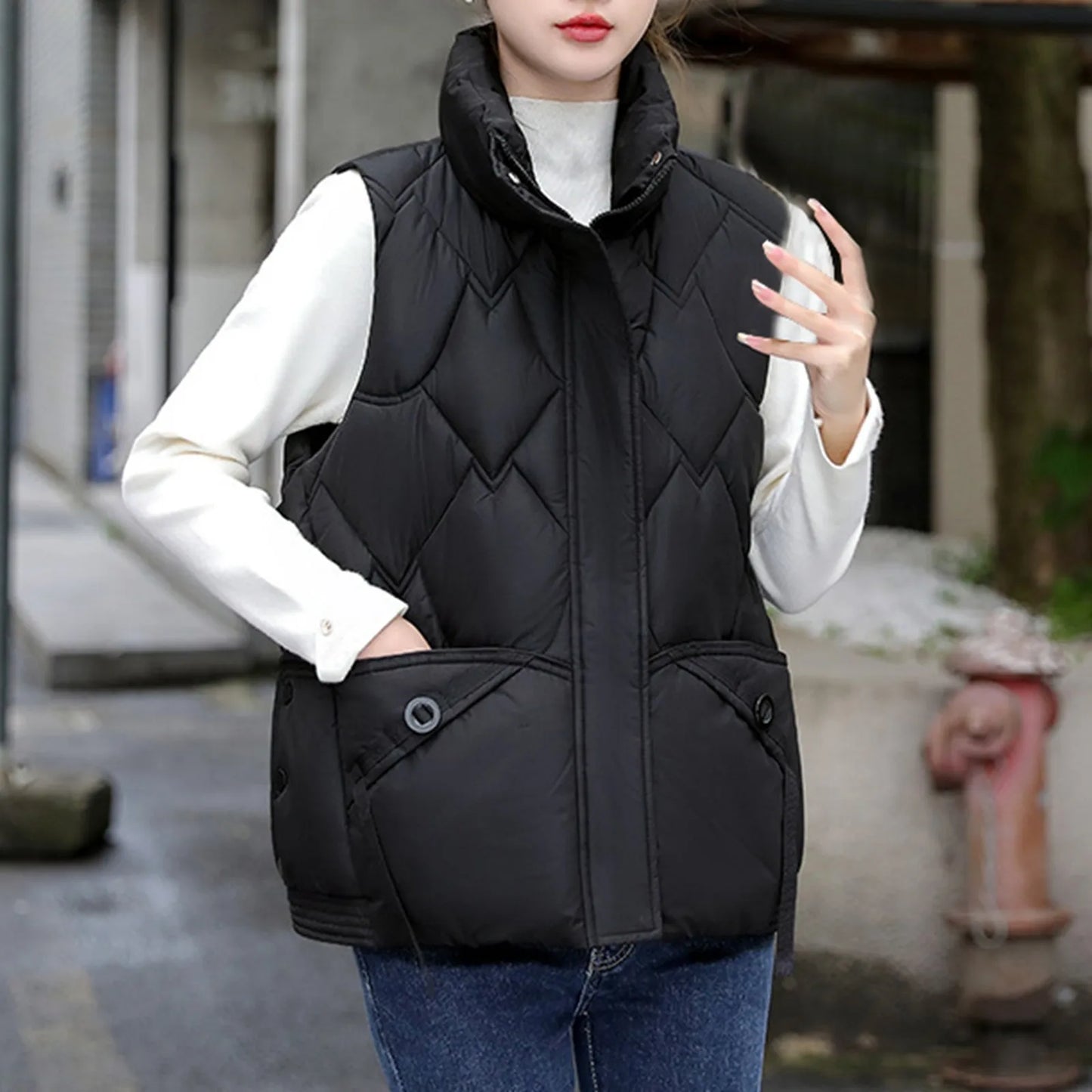 Fall Winter Jacket For Women Loose Thicken Coat Solid Standing Collar Vest