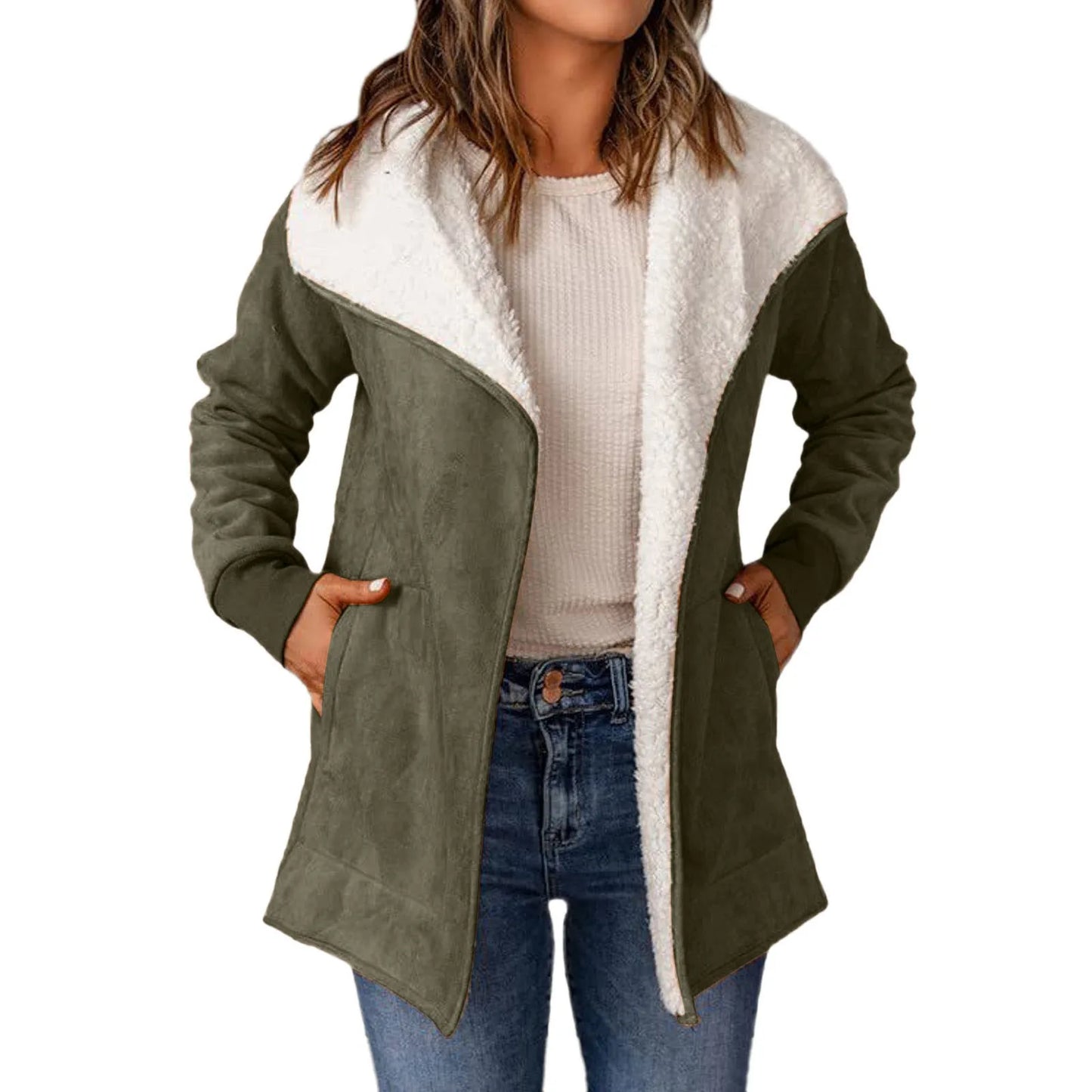 Casual Suede Leather Jackets Fall And Winter Long Sleeved Lamb Wool Fleece Coats Ladies Lapel Cardigan Cotton Coat