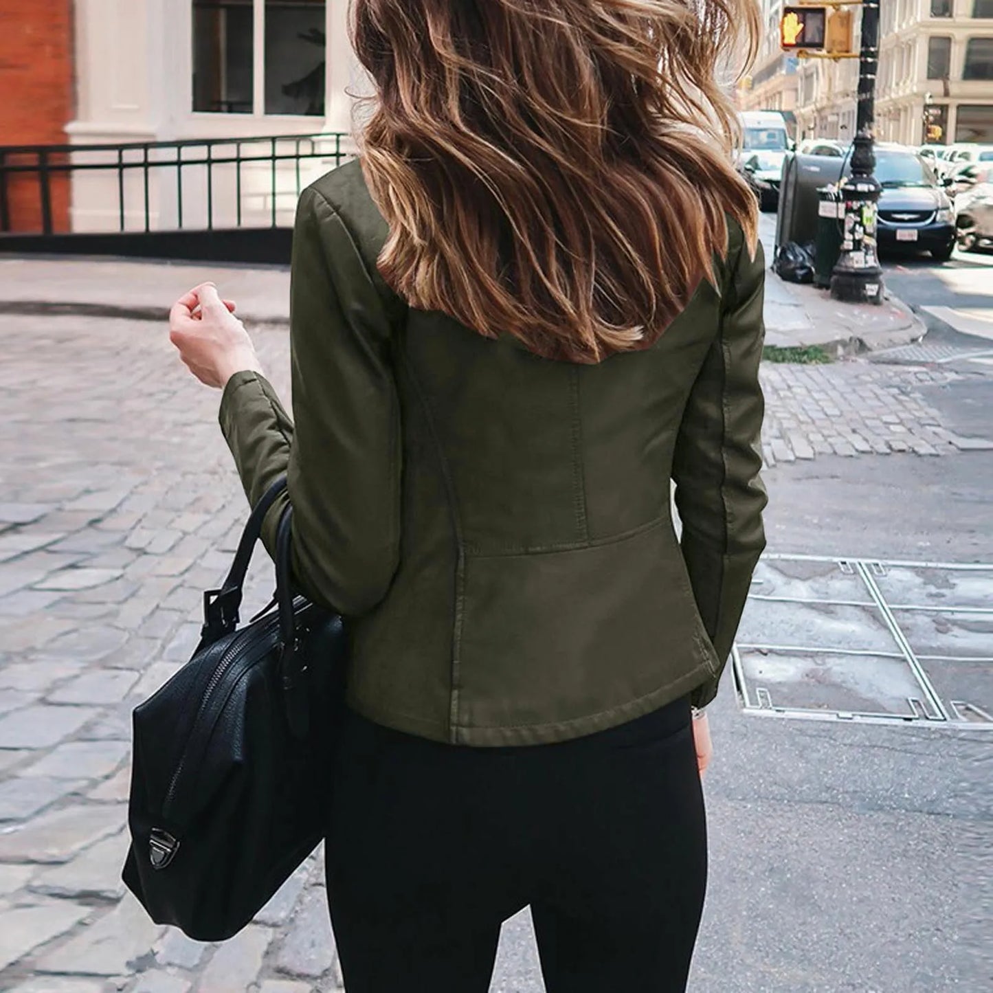 US Leather Jacket Women Fashion Casual Solid Full Zip Snap Stand Collar Long Sleeve Short Cardigan Women Zip up Jacket Fleece