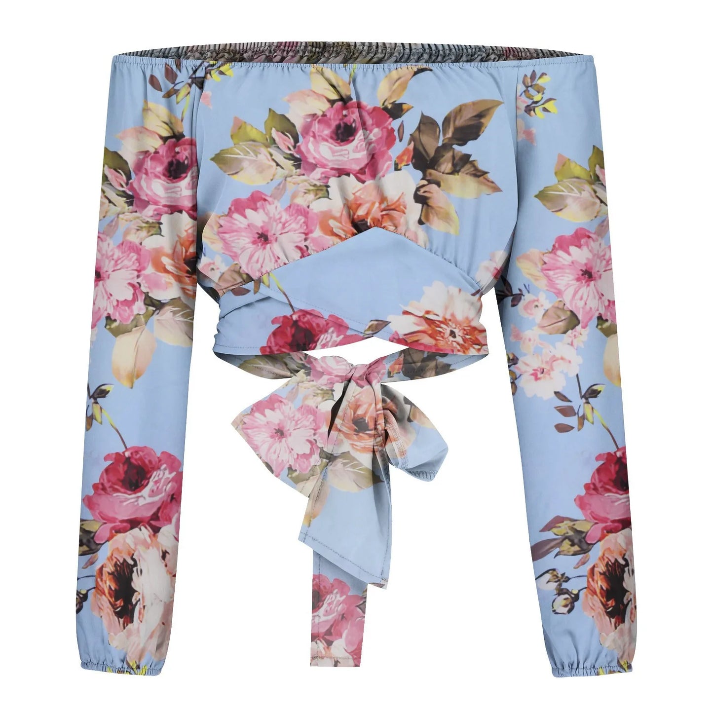 Women Sexy Off Shoulder Printing Blouses Chic and Elegant Lantern Long Sleeve Lace Up Bow Cropped Tops Casual Slim Shirts