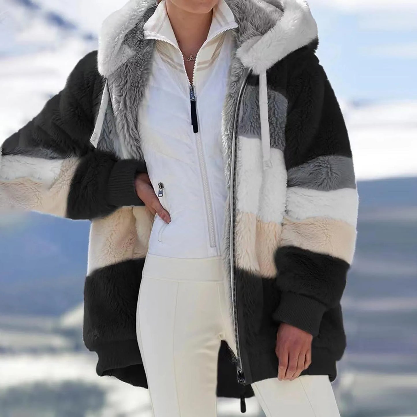 Womens Plush Jacket Fashion Splicing Loose Plush Long Sleeve Zipper Pocket Fall/winter Hooded Zipper Coat Thick High Quality