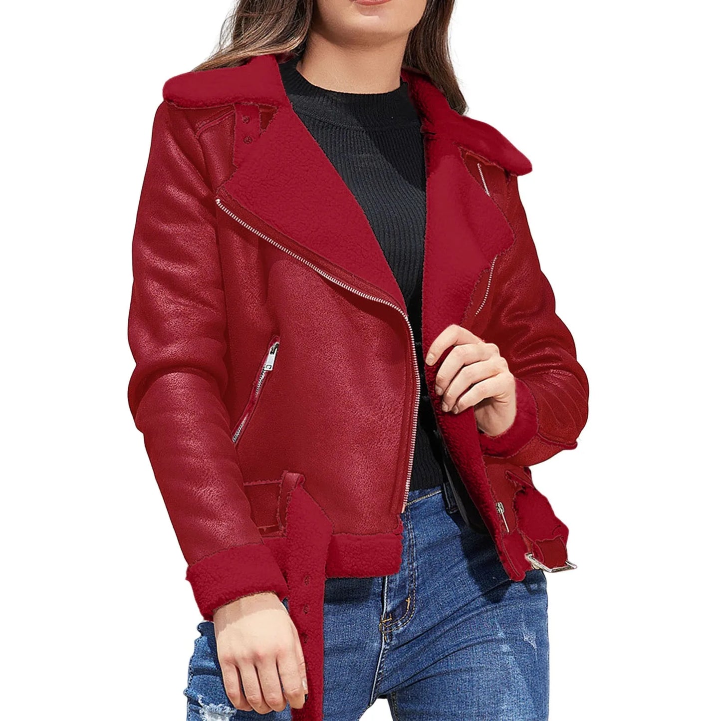 Winter Women Coat Thick Warm Suede Lamb Jacket Short Motorcycle Coats Faux Shearling Sheepskin Leather Jackets Chic Outwear