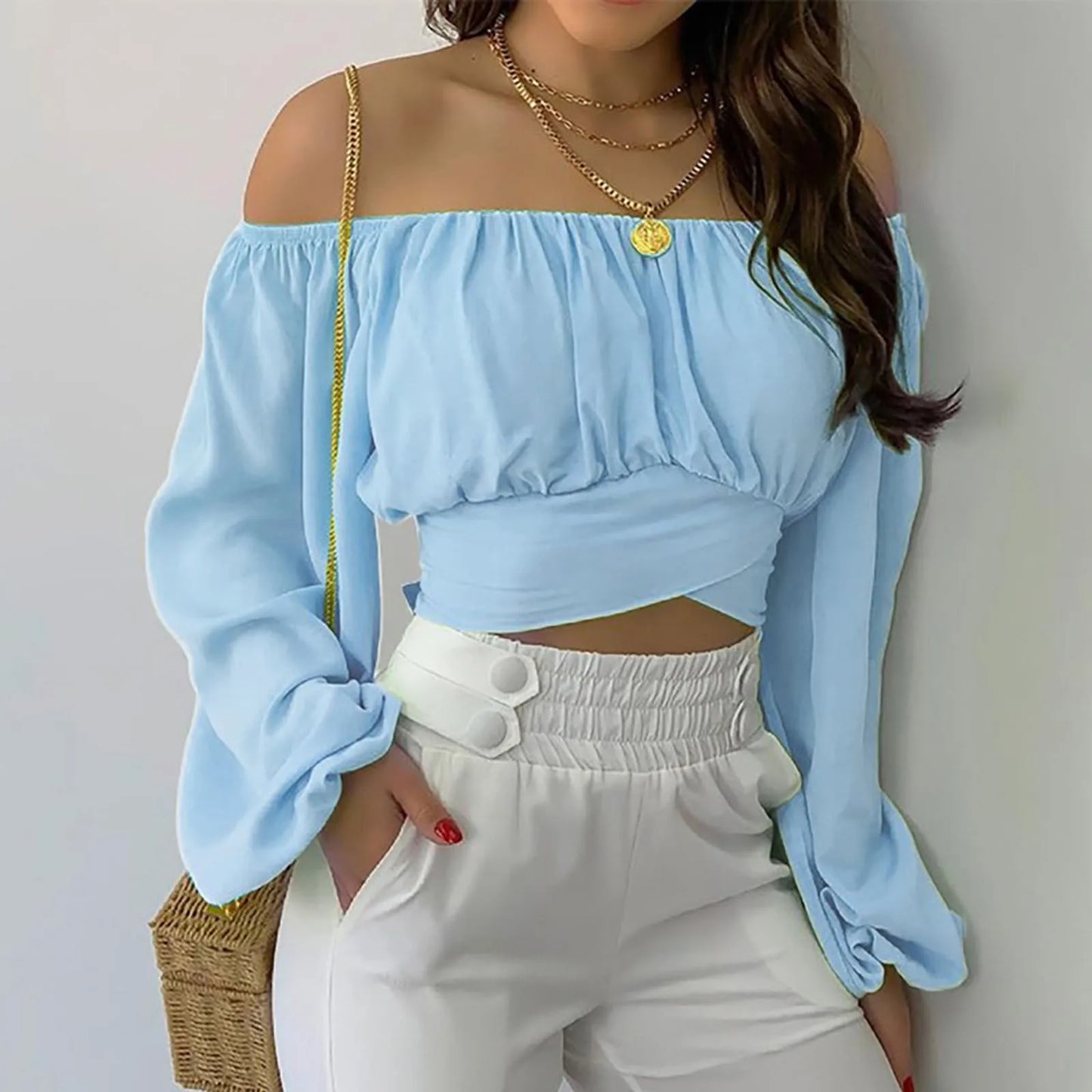 Women Sexy Off Shoulder Printing Blouses Chic and Elegant Lantern Long Sleeve Lace Up Bow Cropped Tops Casual Slim Shirts
