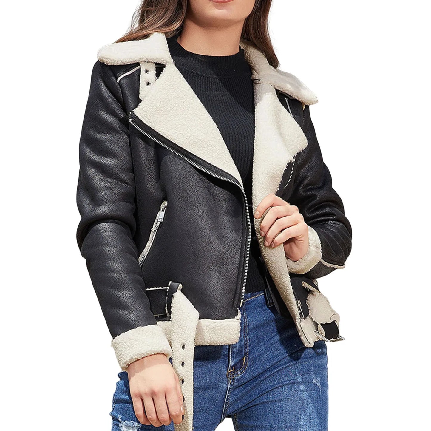 Winter Women Coat Thick Warm Suede Lamb Jacket Short Motorcycle Coats Faux Shearling Sheepskin Leather Jackets Chic Outwear