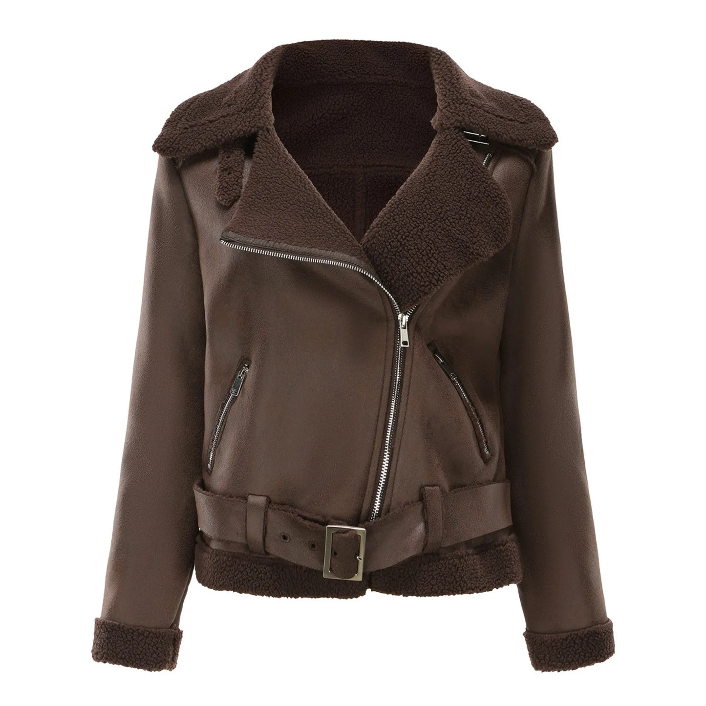 Winter Women Coat Thick Warm Suede Lamb Jacket Short Motorcycle Coats Faux Shearling Sheepskin Leather Jackets Chic Outwear