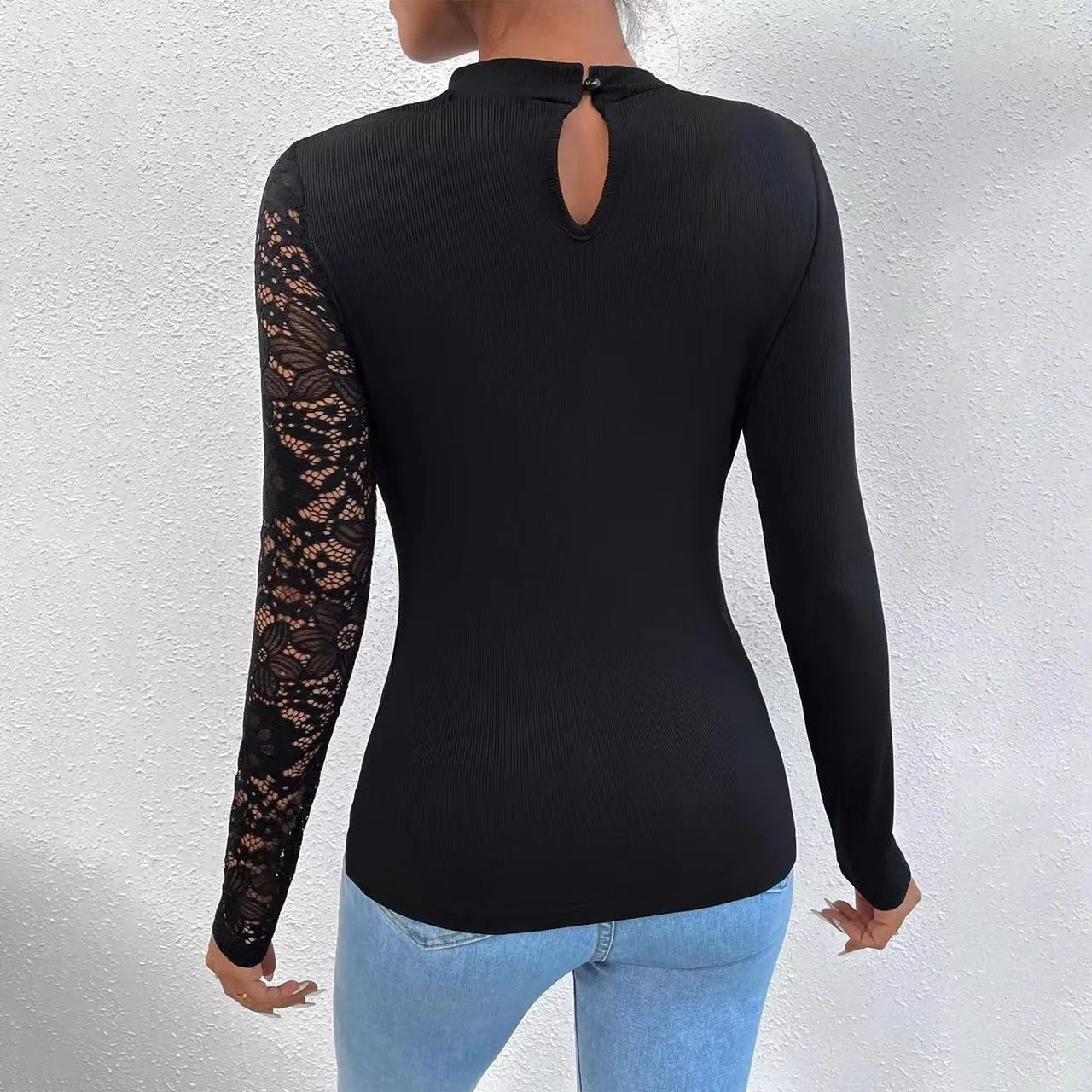 Women's Shirts Spring Fall Sexy Off Shoulder Lace Irregular Long Sleeve Black Tops O-neck Ladies Elegant Blouse T-shirt