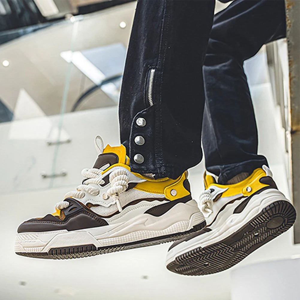 Men Casual Bread Shoes Non-Slip Chunky Sneakers Breathable Hip Hop Sneakers Lace Up Flats Shoes Student Sports Shoes