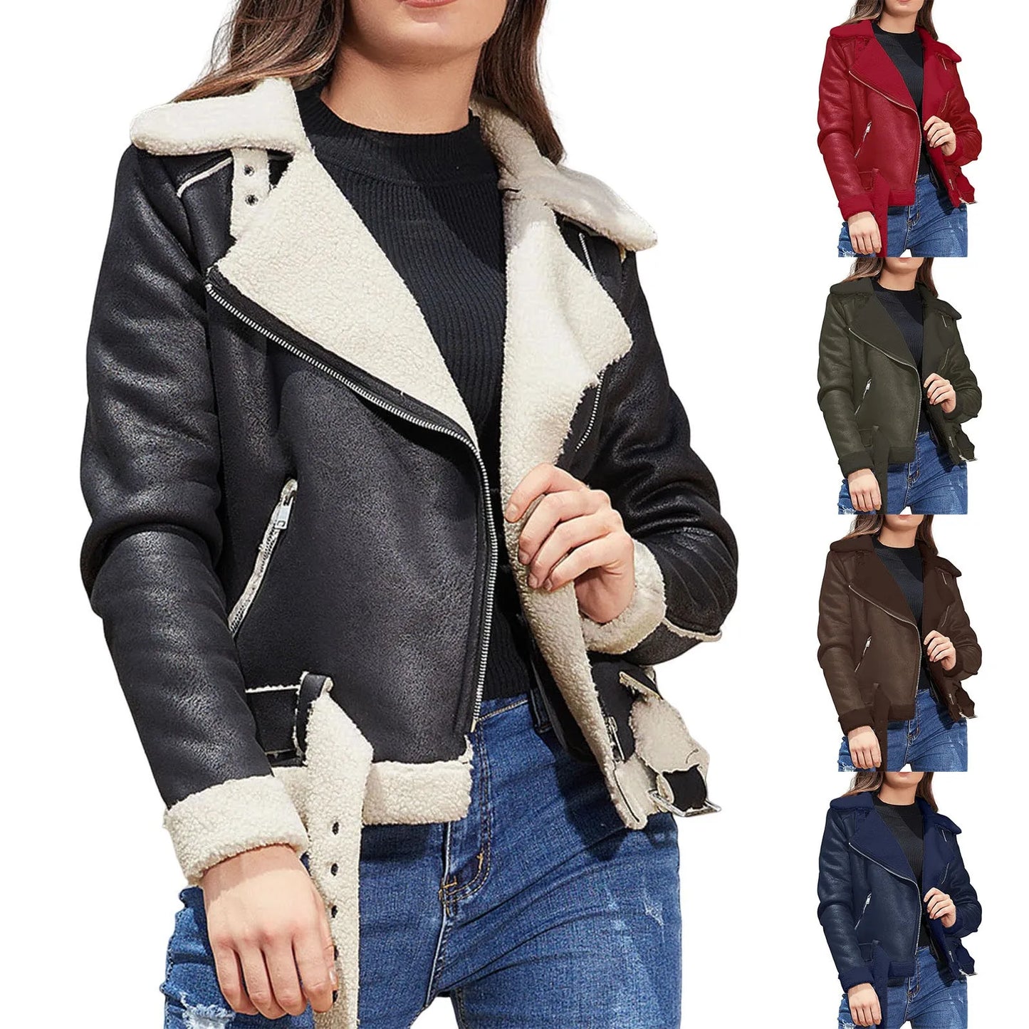 Winter Women Coat Thick Warm Suede Lamb Jacket Short Motorcycle Coats Faux Shearling Sheepskin Leather Jackets Chic Outwear
