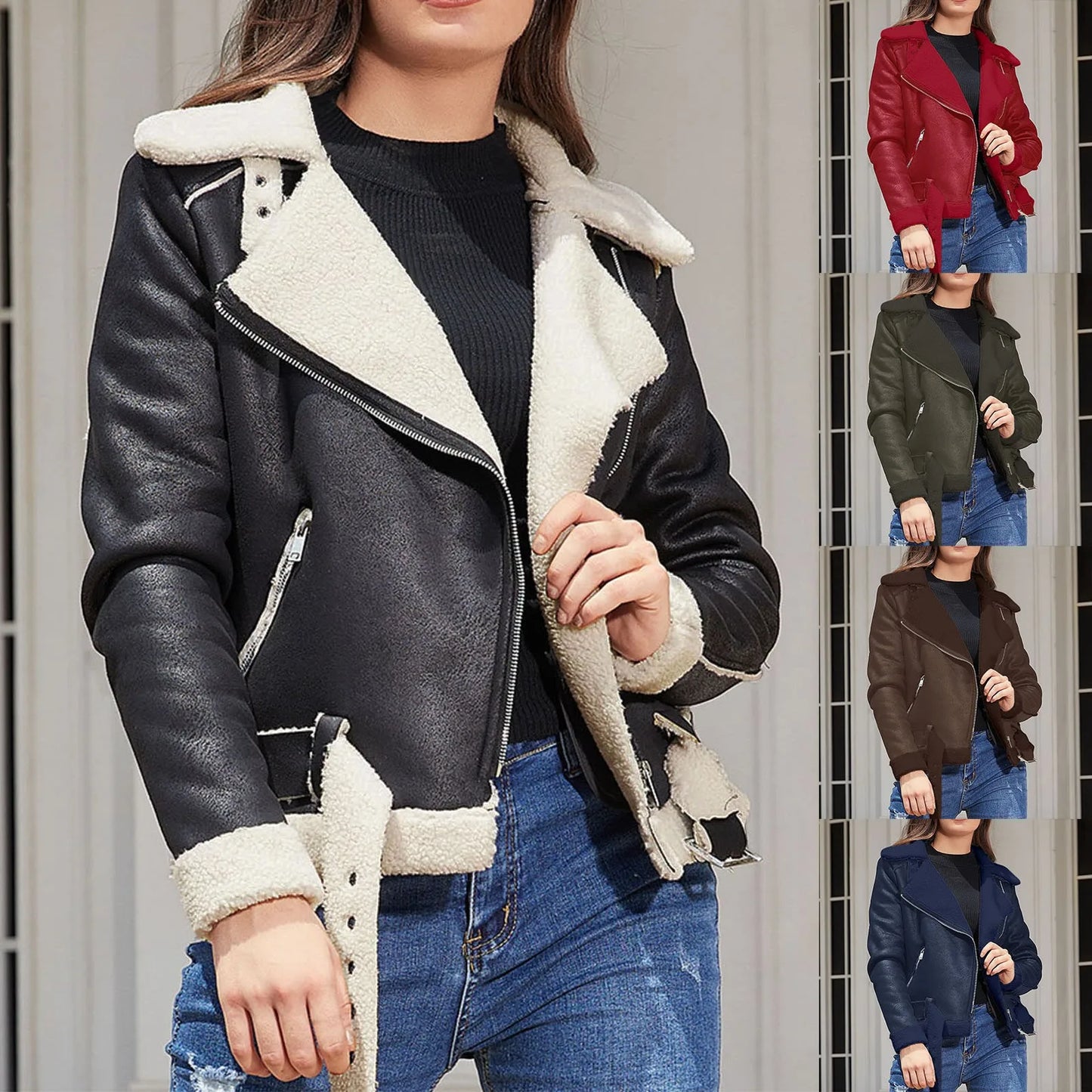 Winter Women Coat Thick Warm Suede Lamb Jacket Short Motorcycle Coats Faux Shearling Sheepskin Leather Jackets Chic Outwear