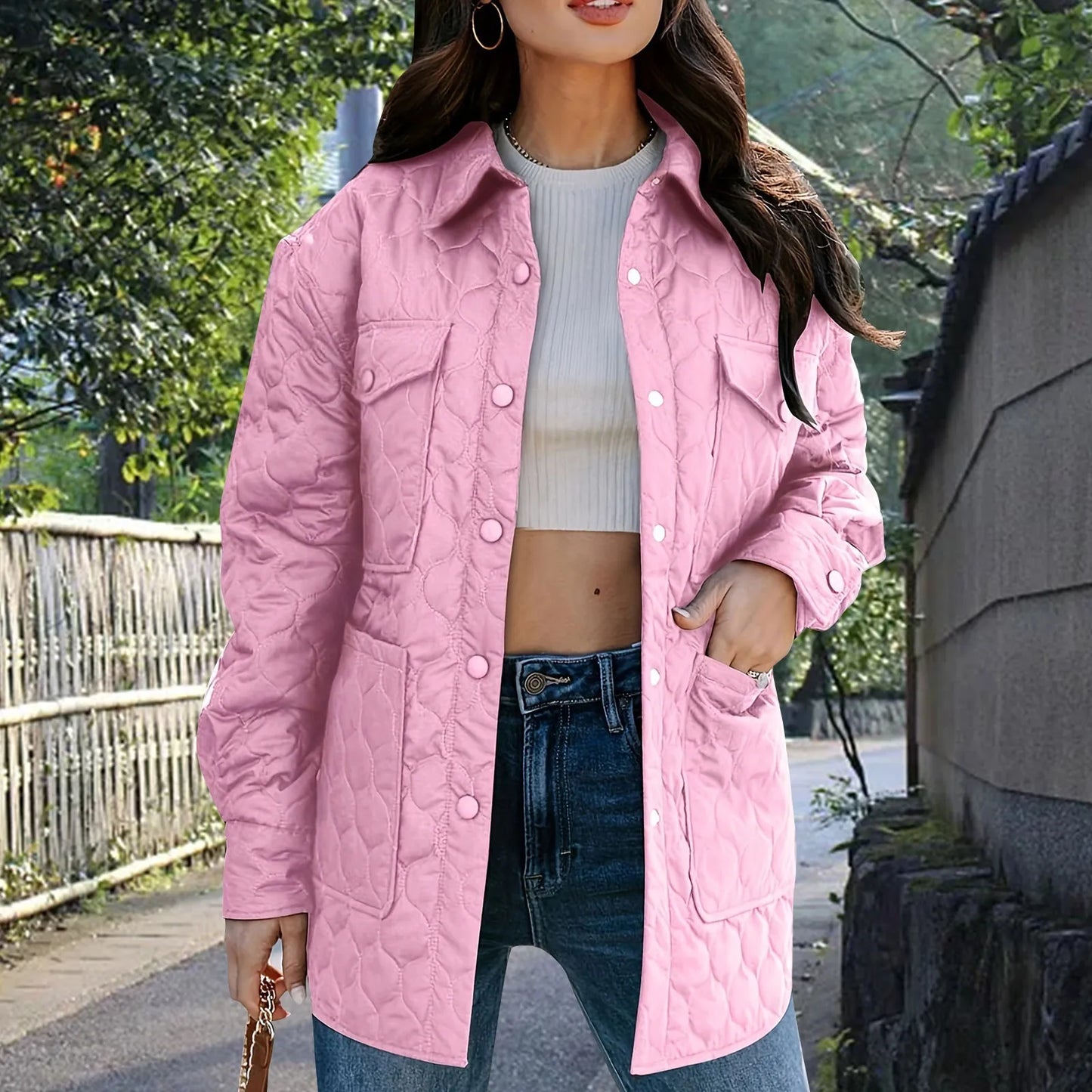 Winter Coat Quilted Jackets For Women Lightweight Long Sleeve Single Breasted Button Down Jacket Warm Outerwear With Pockets