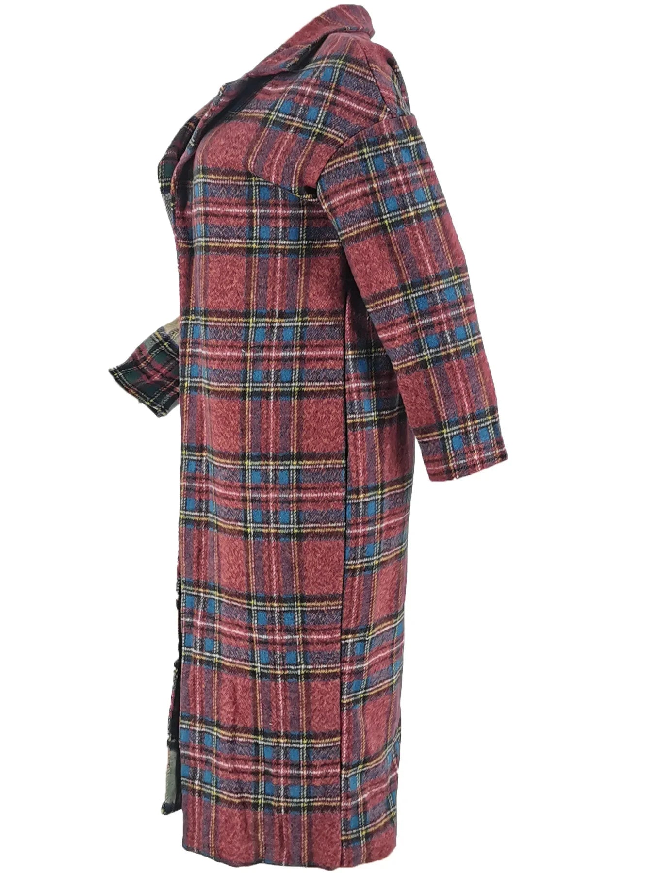 Women Vintage Plaid Colorblocked Long Sleeve Notched Collar Long Wool and Blends  Winter Coats