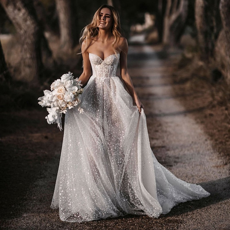 Shiny Glitter Vintage Wedding Dresses Sweetheart Lace Bride Dress Custom Made Wedding Gowns