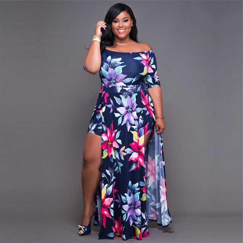 Women Floral Print Hobo Beach Long Dress Summer Elegant Off Shoulder Half Sleeve High Slit Party Dresses Outfit Beach Vestidos