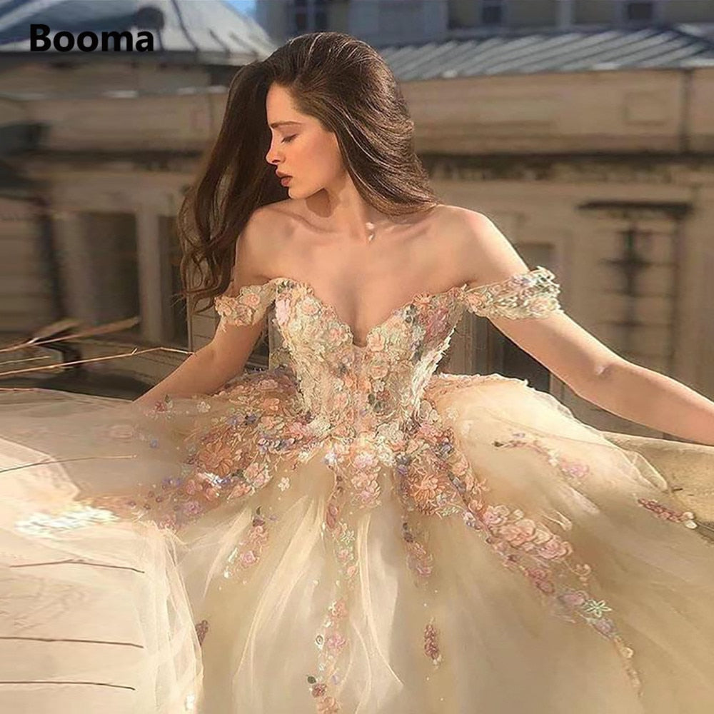 Fairy Ball Gown Princess Prom Dresses Off the Shoulder Sweetheart Floral Appliques Formal Party Dresses Tulle Long Evening Gowns Wedding Gowns