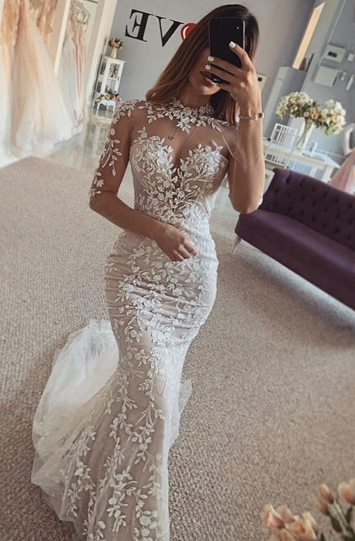 Champagne Mermaid Wedding Dresses Long Sleeve High Neck Bridal Dress Appliqued Lace Wedding Gowns