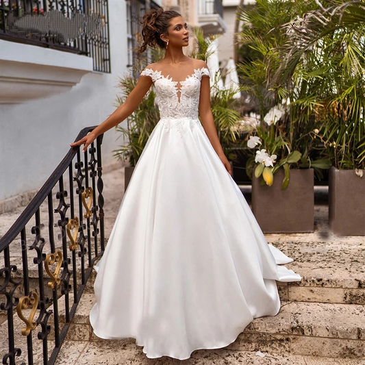 Beautiful & Elegant Simple Off-the-shoulder  Wedding Dresses Fashion For Women Sweetheart Button Appliqued Satin Court Train Custom Made