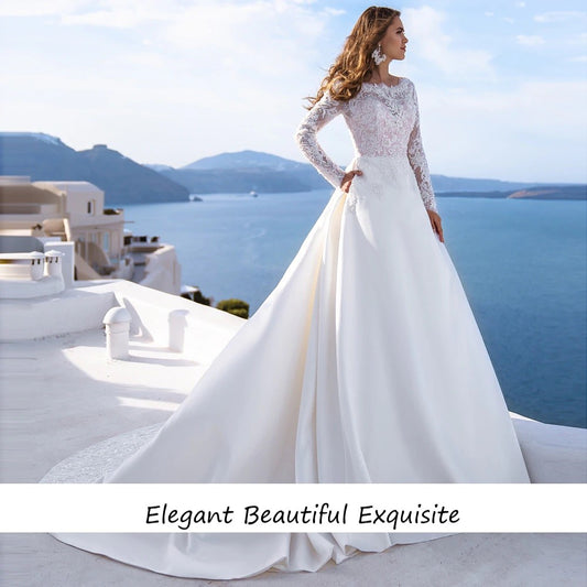 Satin Long Sleeves Wedding Dresses A Line Scoop Lace Appliques Bridal Wedding Gowns