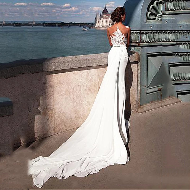 Beautiful Wedding Dresses Lace Top Mermaid Wedding Gown White Chiffon Bride Dress