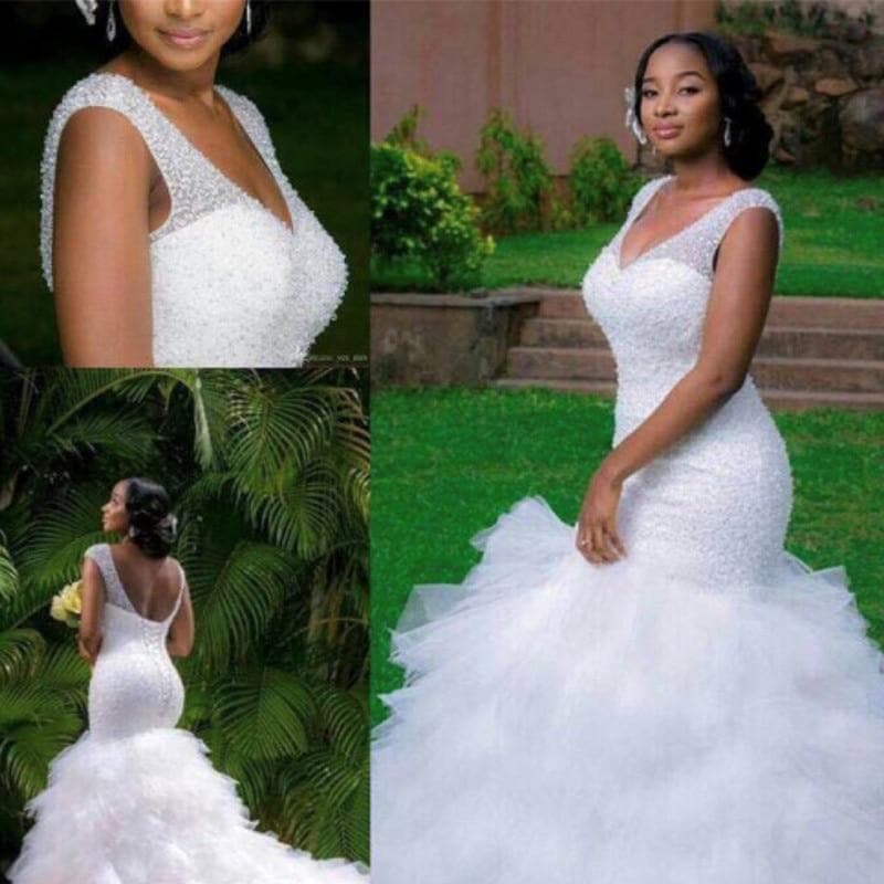 New Arrival Africa Design Amazing Full Beading Mermaid Wedding Dress Stunning Ruffles Tiered Wedding Gowns
