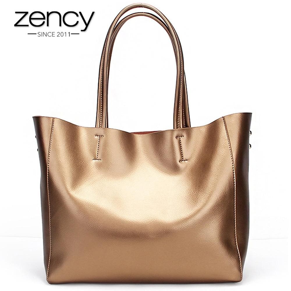 Zency Luxury Gold Women Shoulder Bag 100% Genuine Leather Large Capacity Handbag Elegant Ladies Messenger Crossbody Fashion