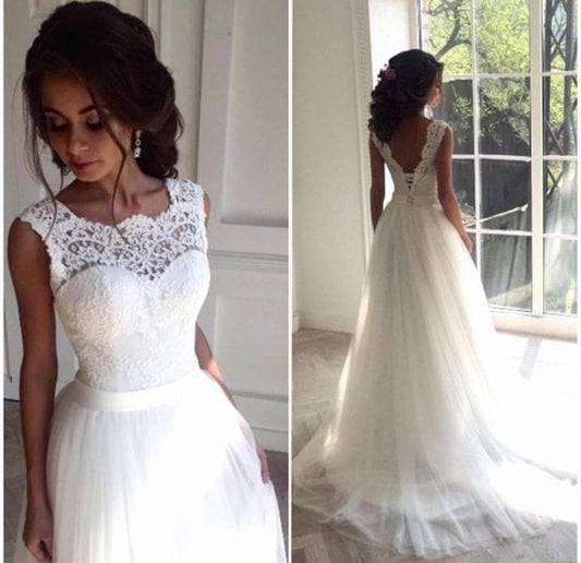 Solovedress A Line Lace Beach Wedding Dress Scoop Neck White Bridal Gown Tulle Skirt Chapel Train vestido de noiva SLD-228