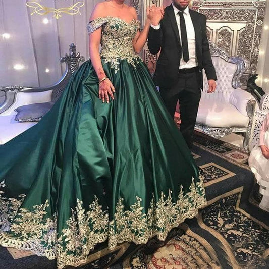 Vestido De Noiva Green Ball Gown Off the Shoulder Satin Wedding Dresses Bridal Gown Gold Appliqued Sequin Robe De Mariee