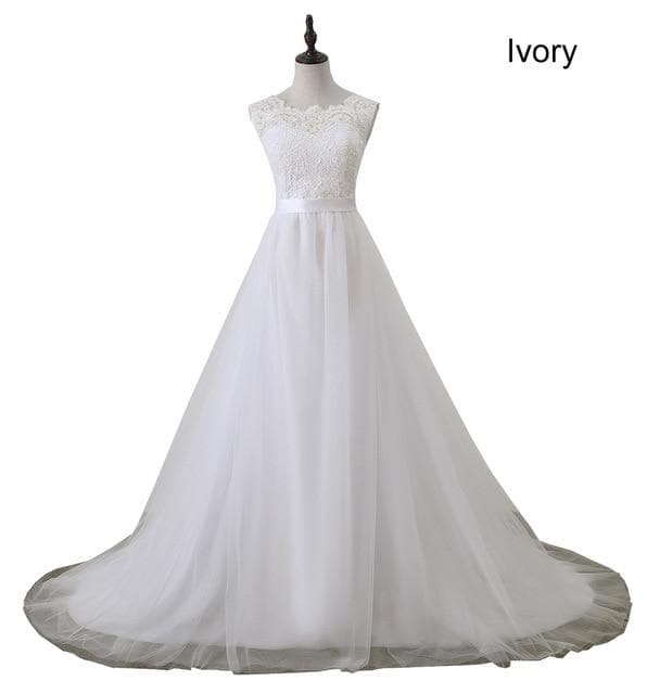 Solovedress A Line Lace Beach Wedding Dress Scoop Neck White Bridal Gown Tulle Skirt Chapel Train vestido de noiva SLD-228