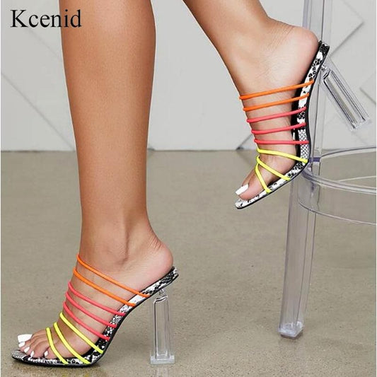 Kcenid  New sexy multi snake print sandals women open toed mixed color transparent block heel sandals crystal slippers pumps