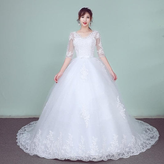 Do Dower Lace Embroidery Half Sleeve Wedding Dresses Long Train Wedding Gown V Neck Elegant Plus Size Vestido De Noiva