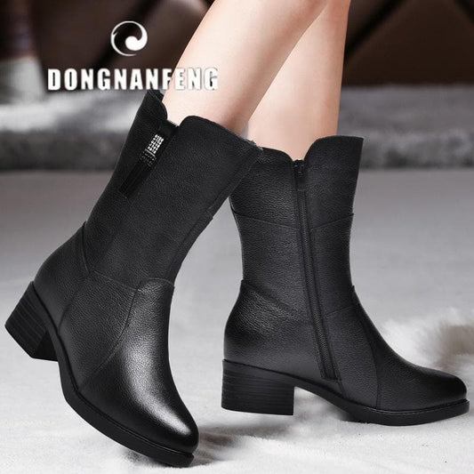 Genuine Leather Mid Calf Zipper Boots