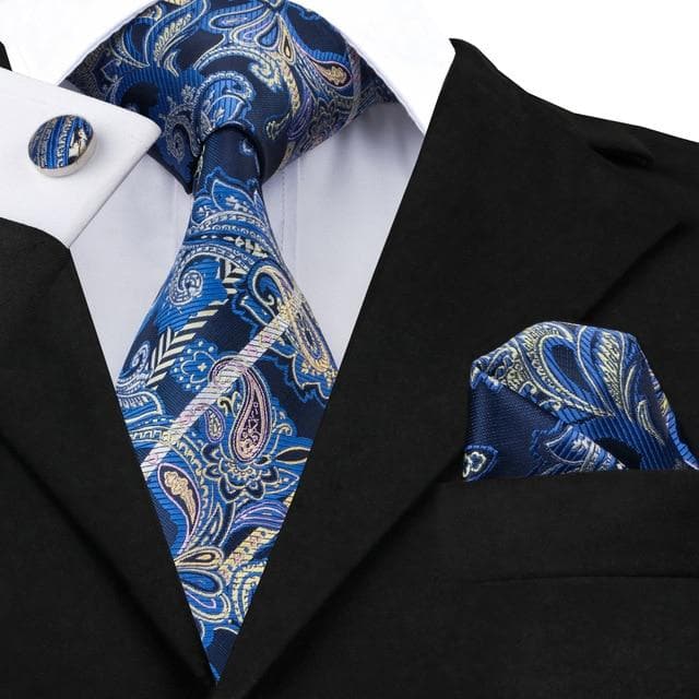 SN-1490 Hi-Tie New Classic Silk Ties Yellow Blue Striped Neck Tie Hanky Cufflinks Set for Mens Business Wedding Party
