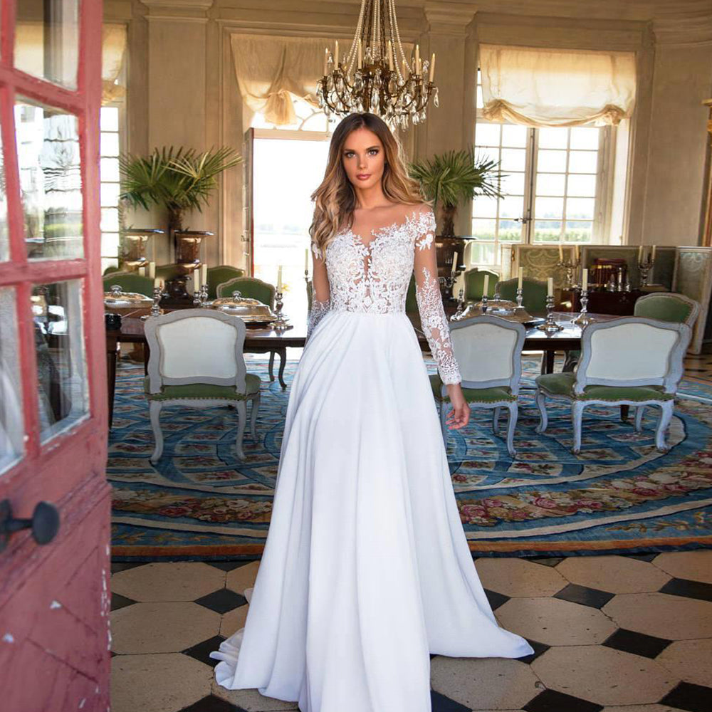 Long Sleeves Wedding Dress Beach Bridal Gown Chiffon Lace Appliques Wedding Dresses White/Ivory Romantic Gown