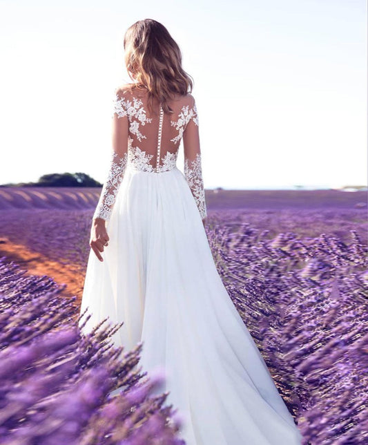 Long Sleeves Wedding Dress Beach Bridal Gown Chiffon Lace Appliques Wedding Dresses White/Ivory Romantic Gown