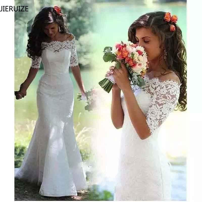 White Lace Boho Mermaid Wedding Dresses Half Sleeves Off The Shoulder Beach Bridal Dress Elegant Wedding Gown