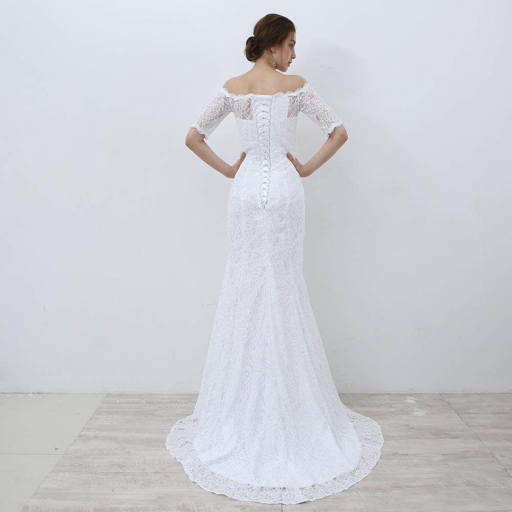 White Lace Boho Mermaid Wedding Dresses Half Sleeves Off The Shoulder Beach Bridal Dress Elegant Wedding Gown