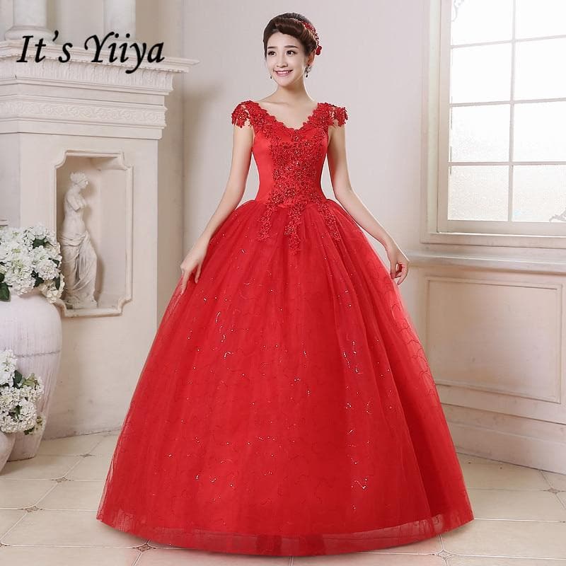 Red White Crystal V-neck Wedding Gowns Plus size Princess Lace Bride Frocks Dress