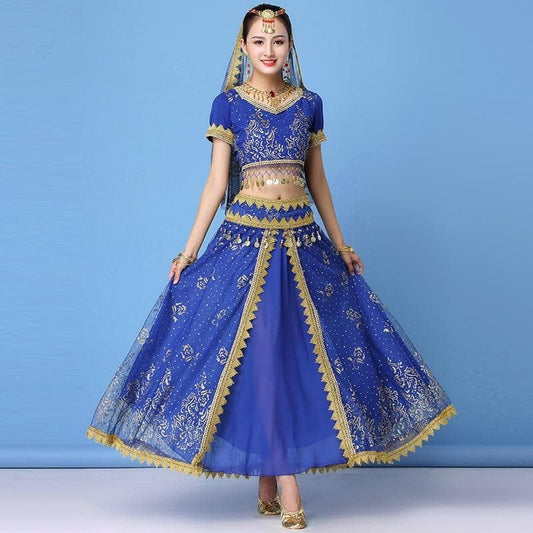 Dance Wear Women Performance Indian Sari Outfit Bollywood Belly Dance Costumes Set (Top+belt+skirt+veil+headpiece)